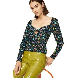 Staud Graphic Josephine Long sleeve sweetheart top, size 0. peekaboo black blue